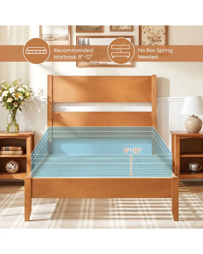 Twin Bed Frame with Headboard with Solid Wood Legs 12 Slats-Warm Brown - Brown - Beds & Bed Frames