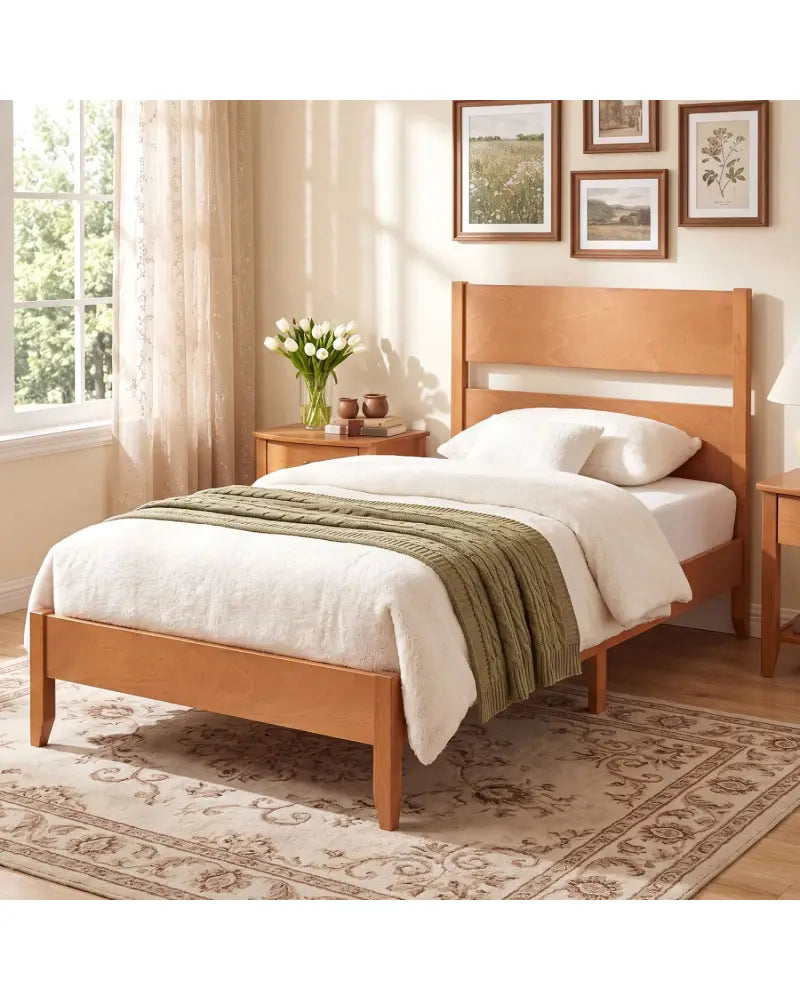 Twin Bed Frame with Headboard with Solid Wood Legs 12 Slats-Warm Brown - Brown - Beds & Bed Frames