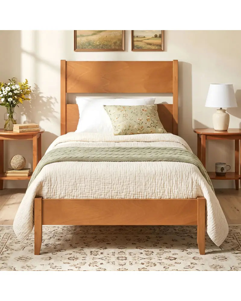 Twin Bed Frame with Headboard with Solid Wood Legs 12 Slats-Warm Brown - Brown - Beds & Bed Frames