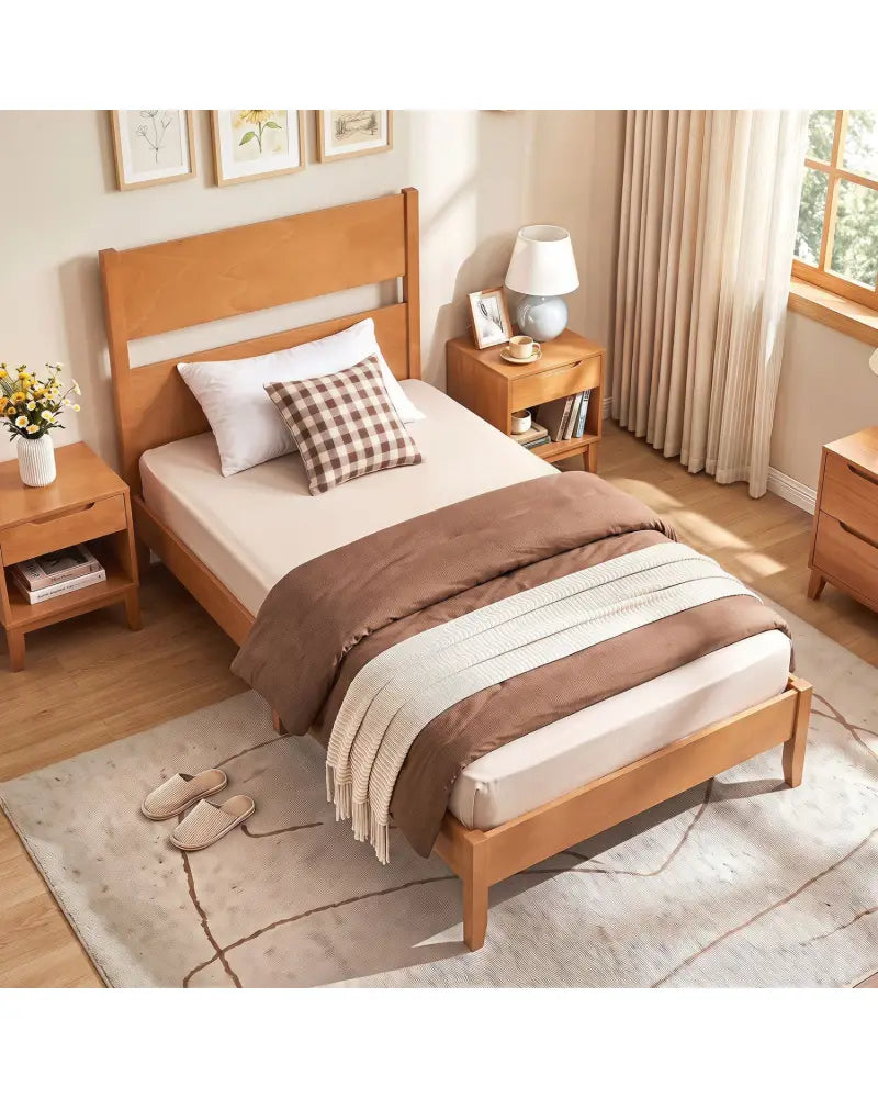 Twin Bed Frame with Headboard with Solid Wood Legs 12 Slats-Warm Brown - Brown - Beds & Bed Frames