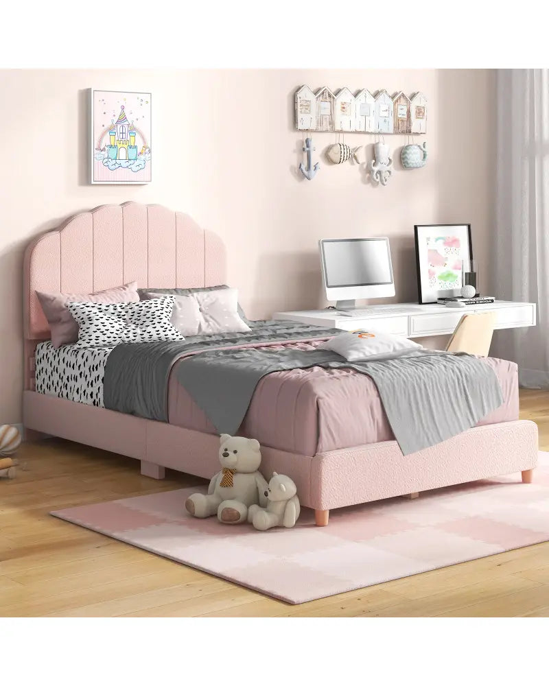Twin Bed Frame with Height-Adjustable Headboard and Sturdy Wooden Slats-Pink - Pink - Toddler Beds
