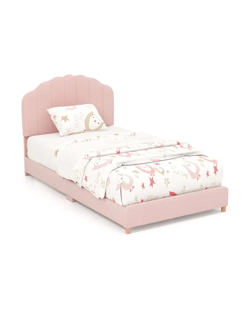 Twin Bed Frame with Height-Adjustable Headboard and Sturdy Wooden Slats-Pink - Pink - Toddler Beds