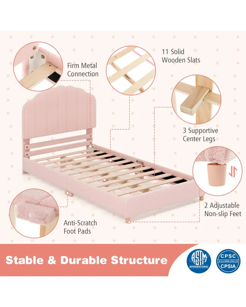 Twin Bed Frame with Height-Adjustable Headboard and Sturdy Wooden Slats-Pink - Pink - Toddler Beds