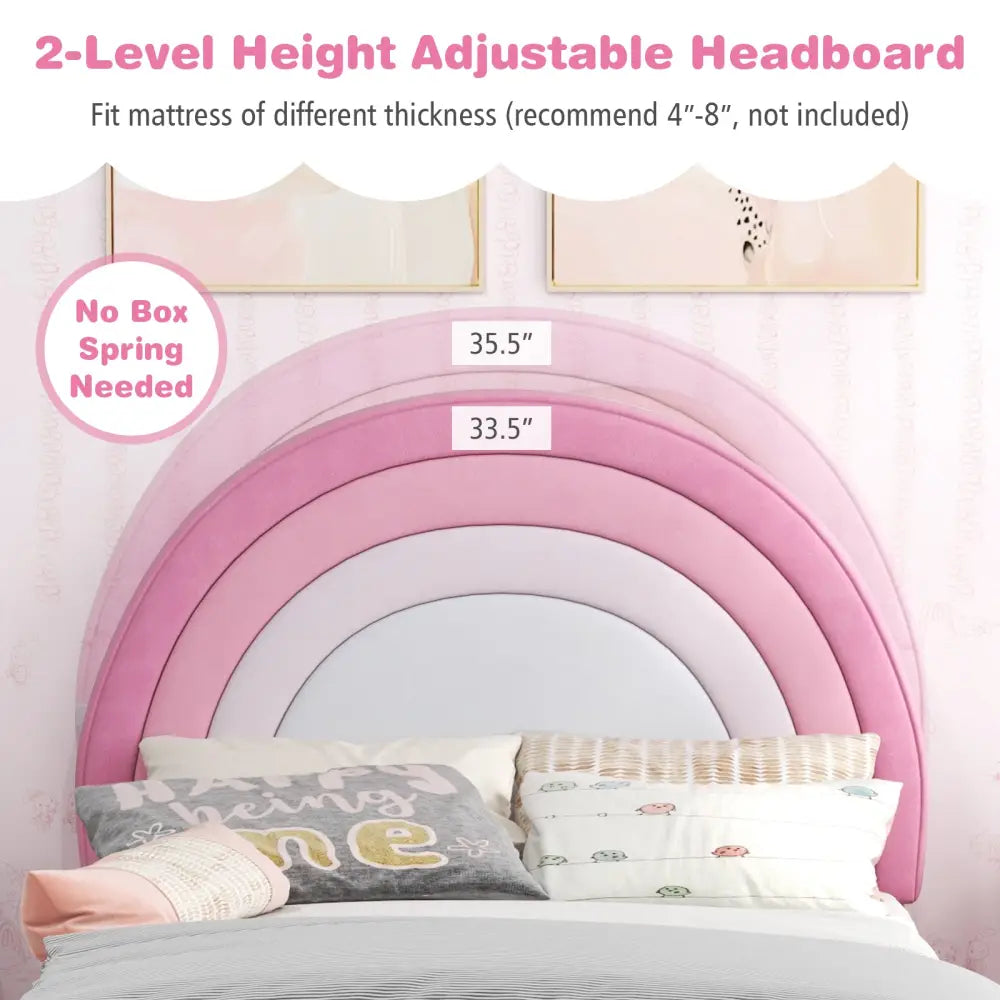 Twin Bed Frame with Height-Adjustable Headboard and Sturdy Wooden Slats-White & Pink - White & Pink - Toddler Beds