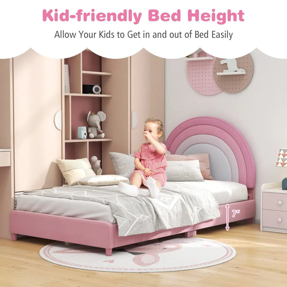 Twin Bed Frame with Height-Adjustable Headboard and Sturdy Wooden Slats-White & Pink - White & Pink - Toddler Beds