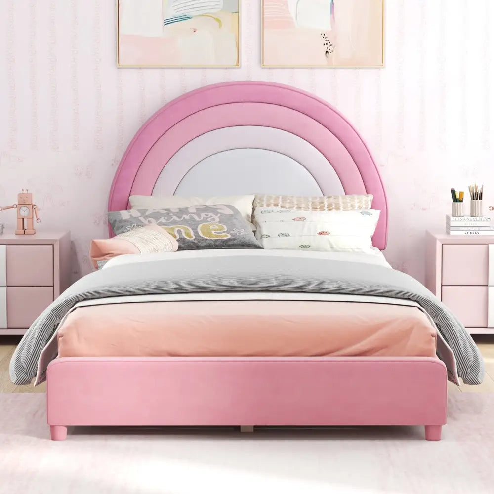 Twin Bed Frame with Height-Adjustable Headboard and Sturdy Wooden Slats-White & Pink - White & Pink - Toddler Beds