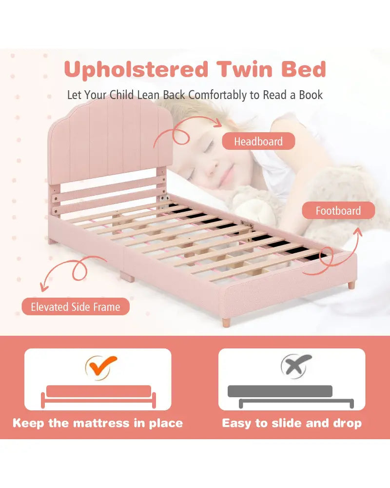 Twin Bed Frame with Height-Adjustable Headboard and Sturdy Wooden Slats-Pink - Pink - Toddler Beds