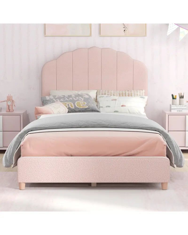 Twin Bed Frame with Height-Adjustable Headboard and Sturdy Wooden Slats-Pink - Pink - Toddler Beds