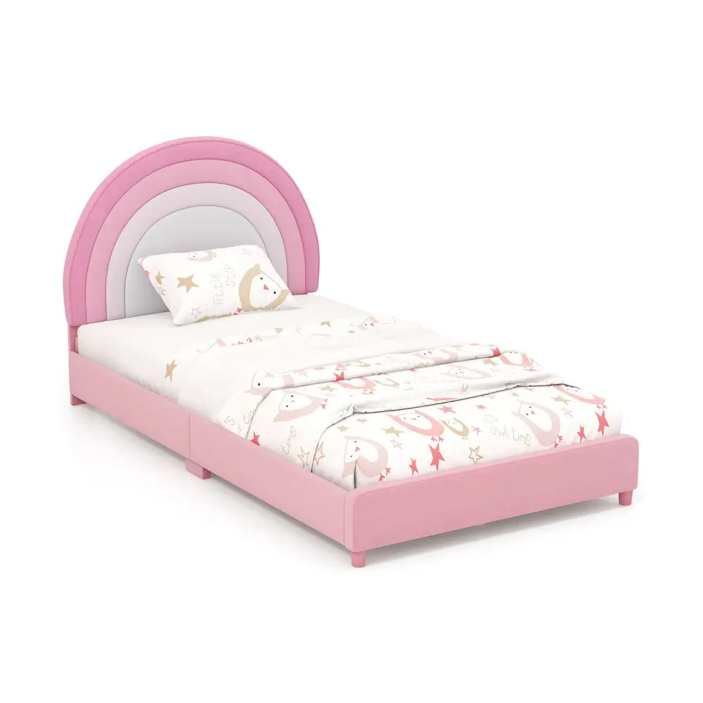 Twin Bed Frame with Height-Adjustable Headboard and Sturdy Wooden Slats-White & Pink - White & Pink - Toddler Beds