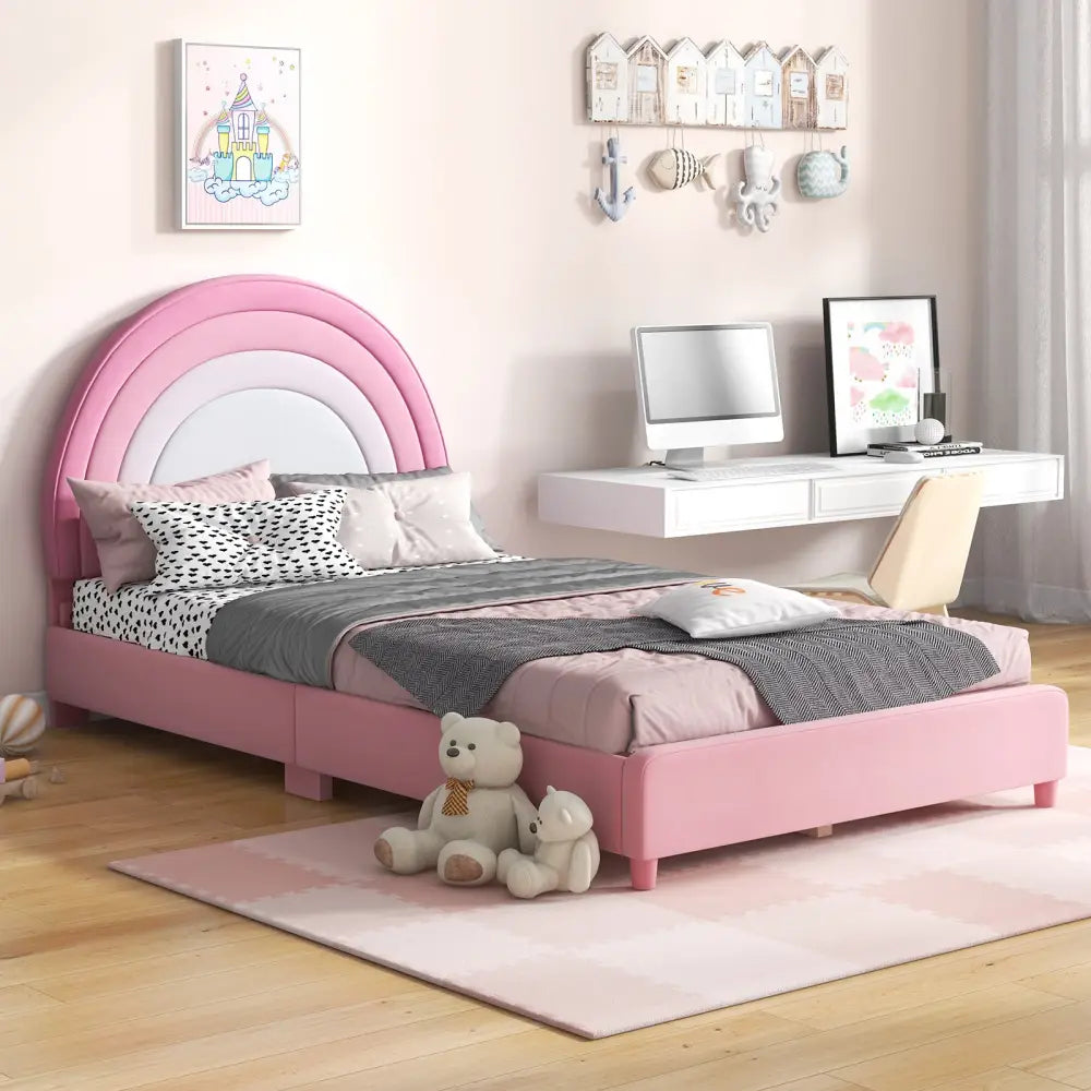 Twin Bed Frame with Height-Adjustable Headboard and Sturdy Wooden Slats-White & Pink - White & Pink - Toddler Beds