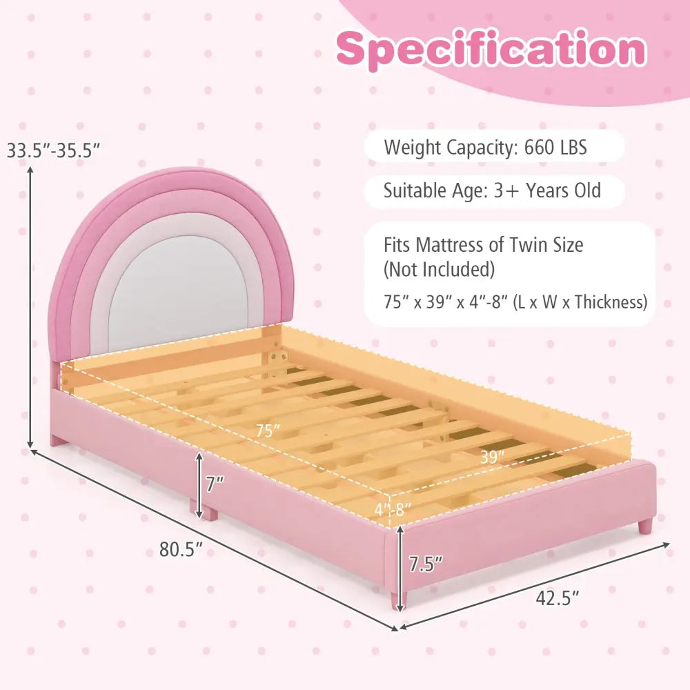 Twin Bed Frame with Height-Adjustable Headboard and Sturdy Wooden Slats-White & Pink - White & Pink - Toddler Beds