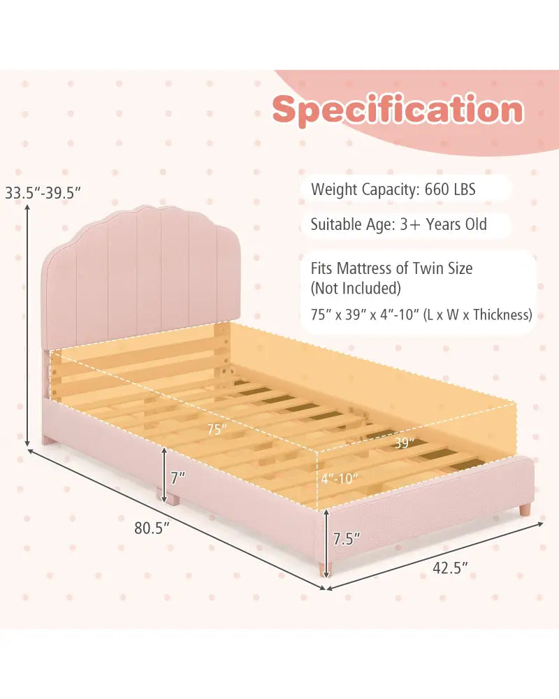 Twin Bed Frame with Height-Adjustable Headboard and Sturdy Wooden Slats-Pink - Pink - Toddler Beds