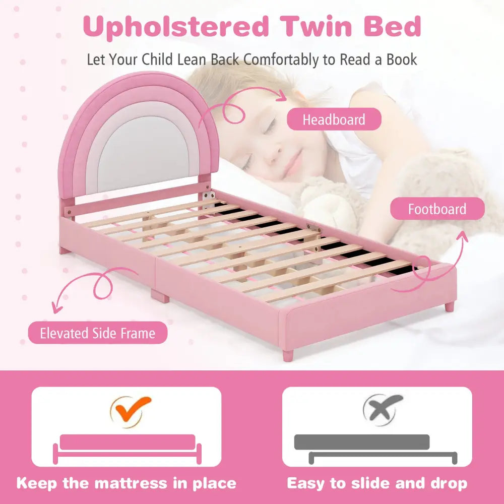 Twin Bed Frame with Height-Adjustable Headboard and Sturdy Wooden Slats-White & Pink - White & Pink - Toddler Beds