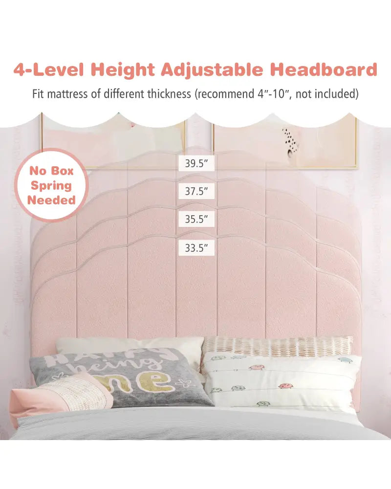 Twin Bed Frame with Height-Adjustable Headboard and Sturdy Wooden Slats-Pink - Pink - Toddler Beds