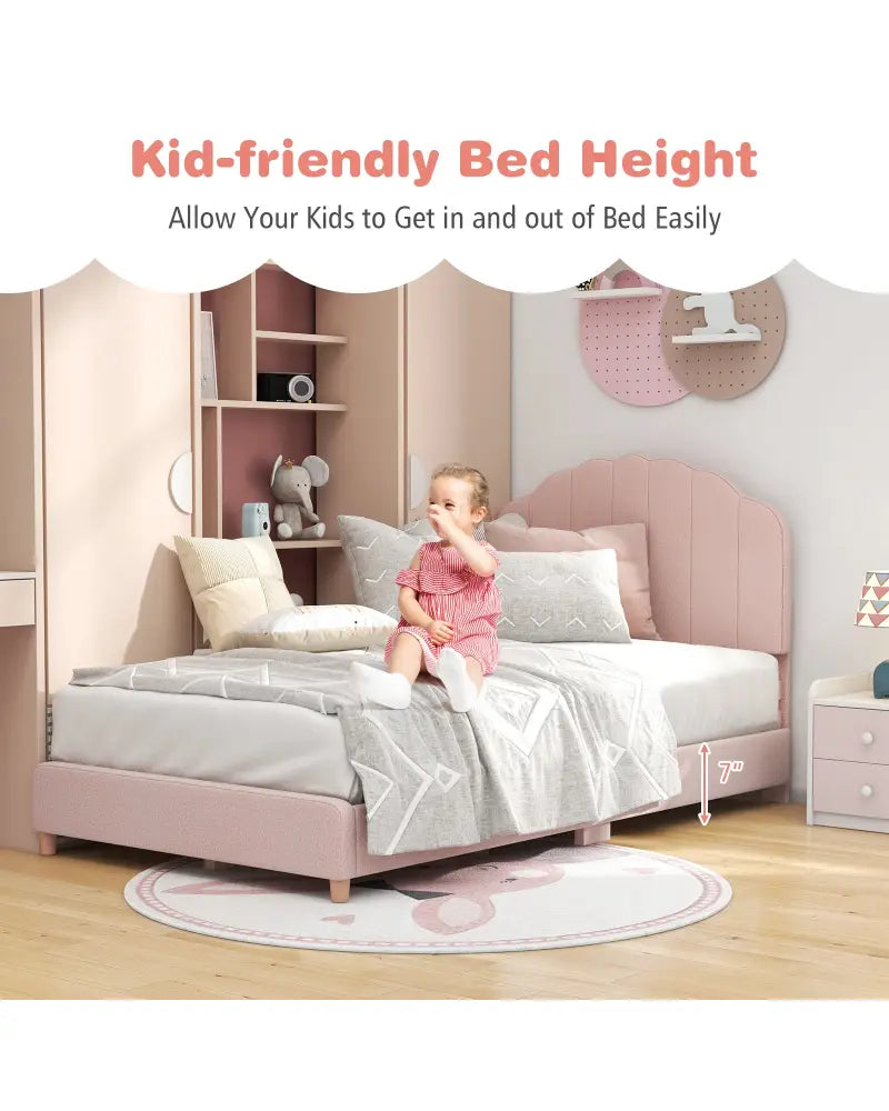 Twin Bed Frame with Height-Adjustable Headboard and Sturdy Wooden Slats-Pink - Pink - Toddler Beds