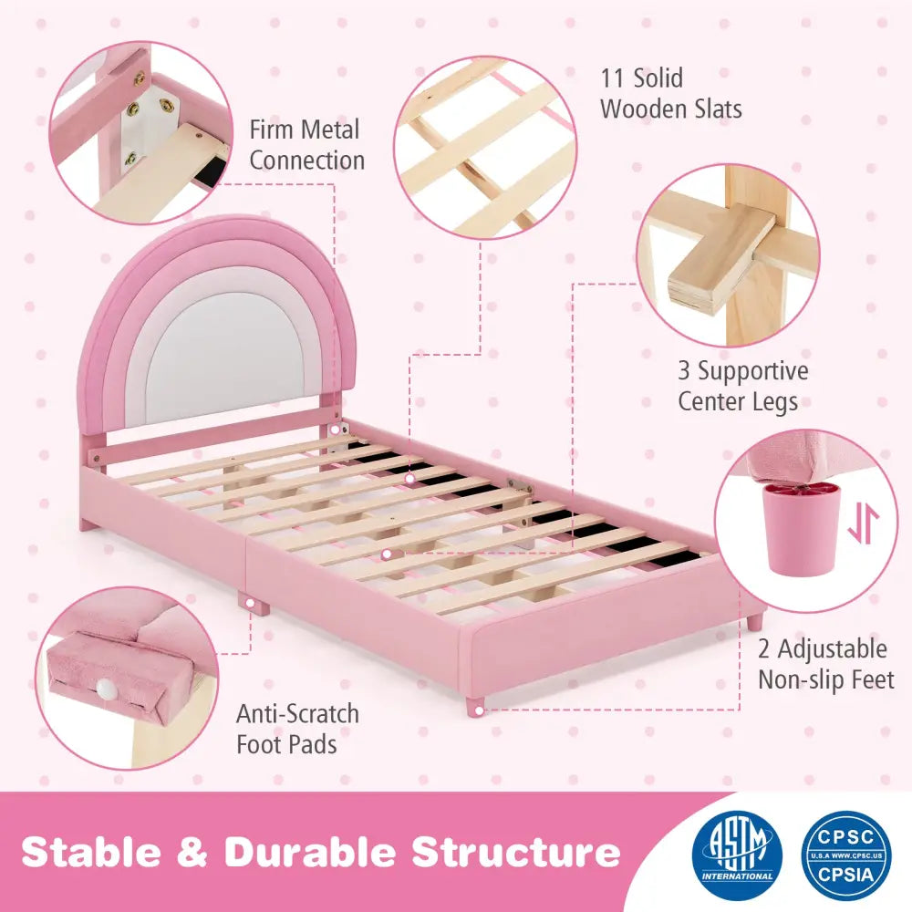 Twin Bed Frame with Height-Adjustable Headboard and Sturdy Wooden Slats-White & Pink - White & Pink - Toddler Beds