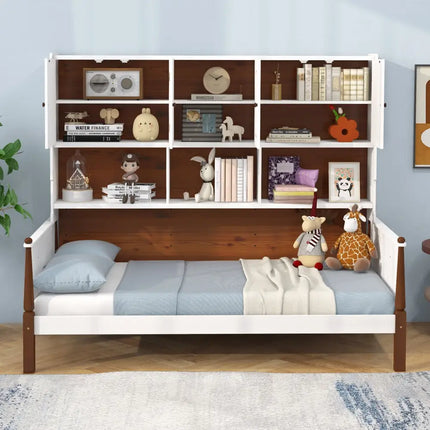 Twin Bed with Bookcase with Shelves and Wooden Slat Support No Box Spring Needed for Living Room Bedroom-White - White