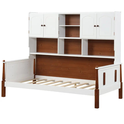 Twin Bed with Bookcase with Shelves and Wooden Slat Support No Box Spring Needed for Living Room Bedroom-White - White