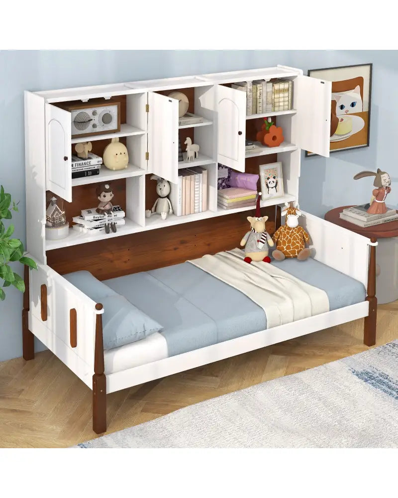 Twin Bed with Bookcase with Shelves and Wooden Slat Support No Box Spring Needed for Living Room Bedroom-White - White