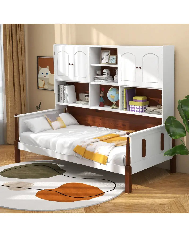 Twin Bed with Bookcase with Shelves and Wooden Slat Support No Box Spring Needed for Living Room Bedroom-White - White