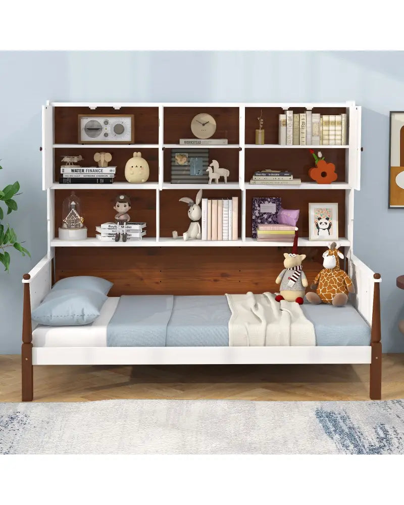 Twin Bed with Bookcase with Shelves and Wooden Slat Support No Box Spring Needed for Living Room Bedroom-White - White