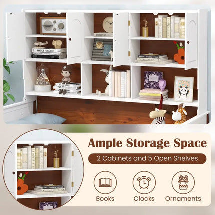 Twin Bed with Bookcase with Shelves and Wooden Slat Support No Box Spring Needed for Living Room Bedroom-White - White