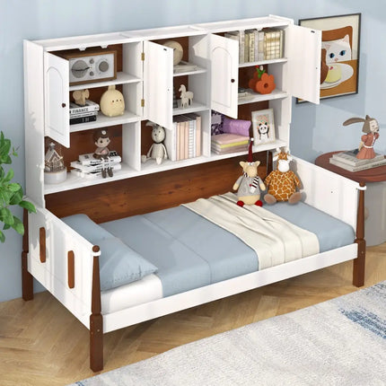 Twin Bed with Bookcase with Shelves and Wooden Slat Support No Box Spring Needed for Living Room Bedroom-White - White