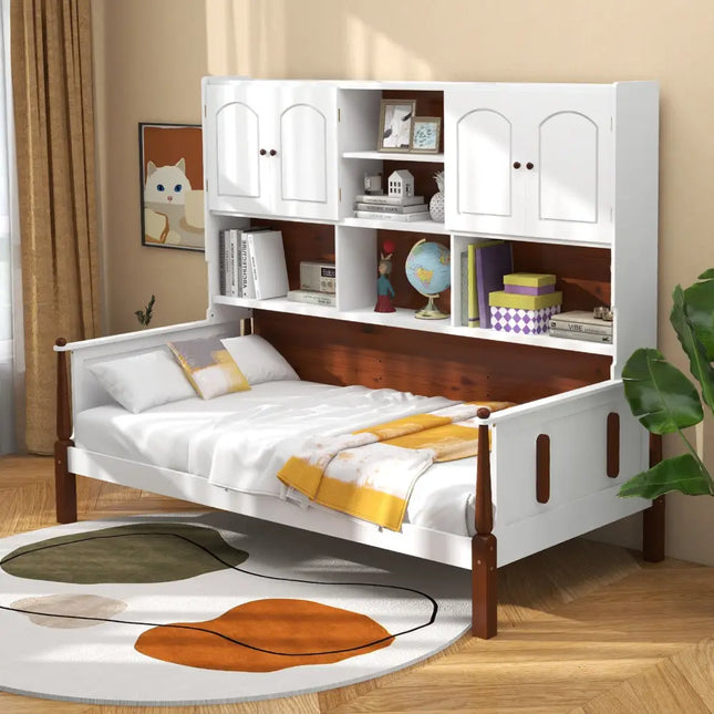 Twin Bed with Bookcase with Shelves and Wooden Slat Support No Box Spring Needed for Living Room Bedroom-White - White