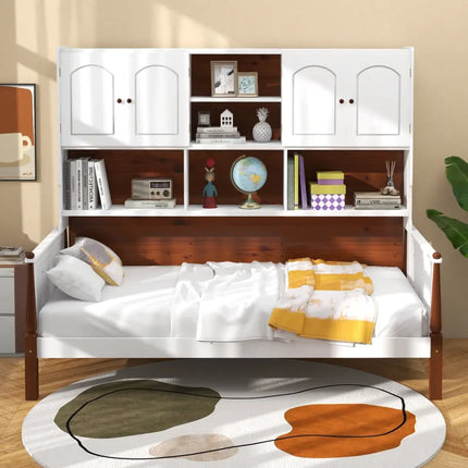 Twin Bed with Bookcase with Shelves and Wooden Slat Support No Box Spring Needed for Living Room Bedroom-White - White