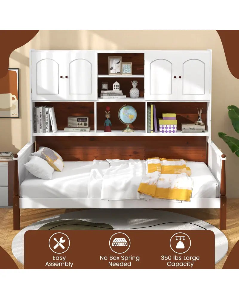 Twin Bed with Bookcase with Shelves and Wooden Slat Support No Box Spring Needed for Living Room Bedroom-White - White