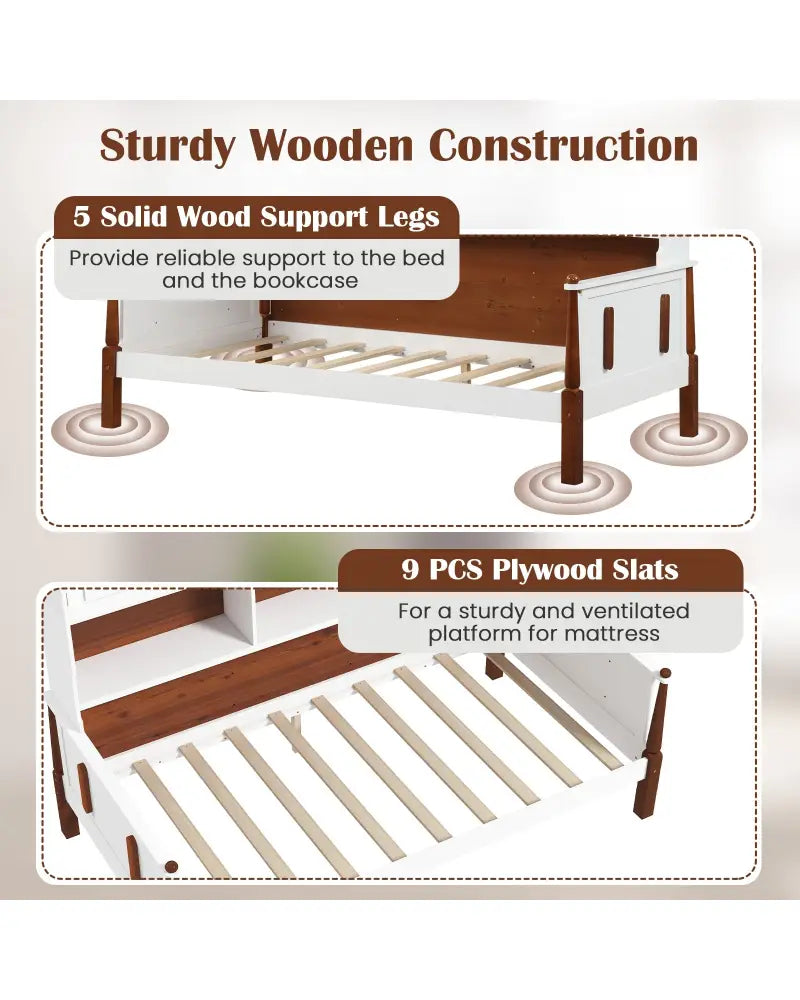 Twin Bed with Bookcase with Shelves and Wooden Slat Support No Box Spring Needed for Living Room Bedroom-White - White