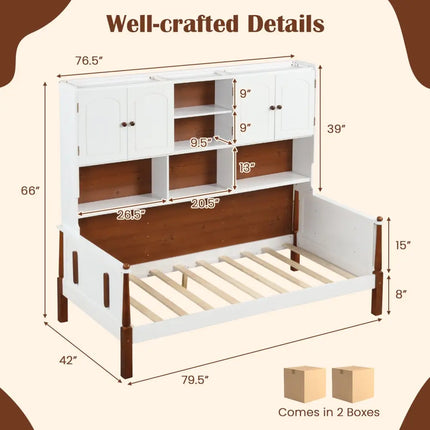 Twin Bed with Bookcase with Shelves and Wooden Slat Support No Box Spring Needed for Living Room Bedroom-White - White