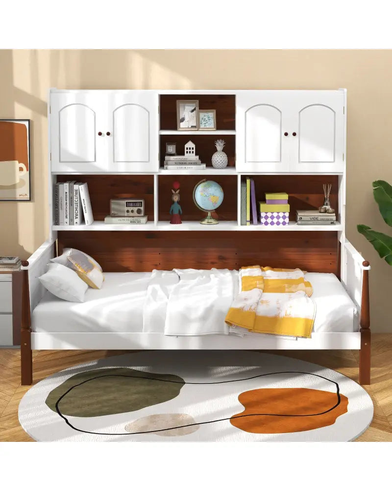 Twin Bed with Bookcase with Shelves and Wooden Slat Support No Box Spring Needed for Living Room Bedroom-White - White