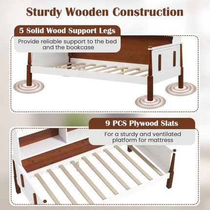 Twin Bed with Bookcase with Shelves and Wooden Slat Support No Box Spring Needed for Living Room Bedroom-White - White