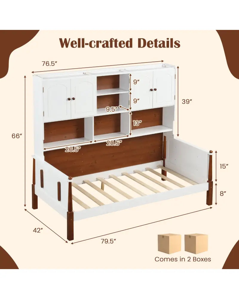 Twin Bed with Bookcase with Shelves and Wooden Slat Support No Box Spring Needed for Living Room Bedroom-White - White