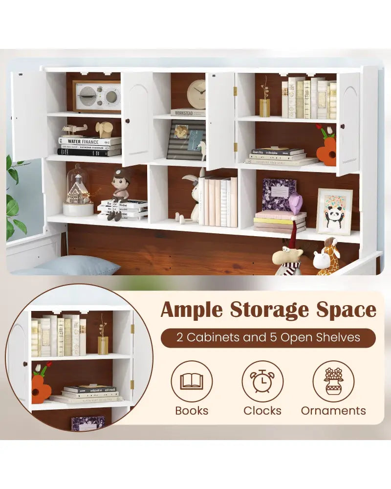 Twin Bed with Bookcase with Shelves and Wooden Slat Support No Box Spring Needed for Living Room Bedroom-White - White