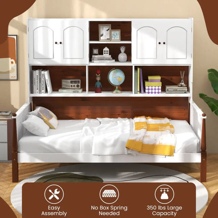 Twin Bed with Bookcase with Shelves and Wooden Slat Support No Box Spring Needed for Living Room Bedroom-White - White