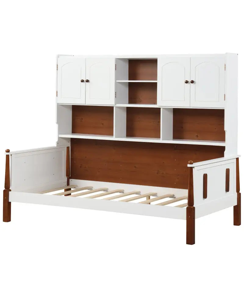 Twin Bed with Bookcase with Shelves and Wooden Slat Support No Box Spring Needed for Living Room Bedroom-White - White