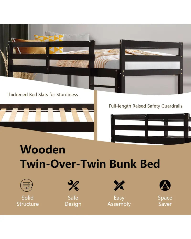 Twin Bunk Bed Children Wooden Bunk Beds Solid Hardwood-Brown - Brown - Bunk Bed Frame