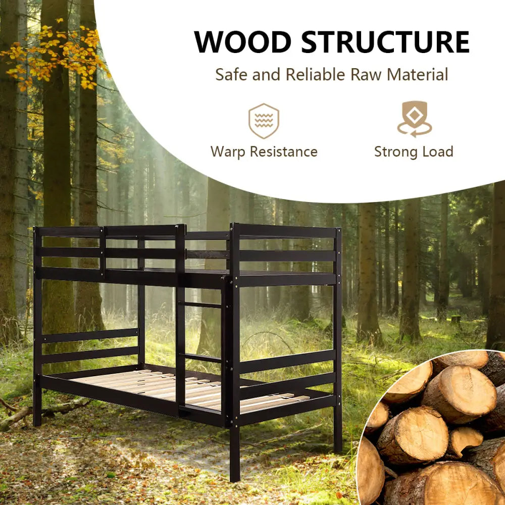 Twin Bunk Bed Children Wooden Bunk Beds Solid Hardwood-Brown - Brown - Bunk Bed Frame