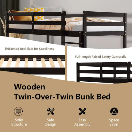 Twin Bunk Bed Children Wooden Bunk Beds Solid Hardwood-Brown - Brown - Bunk Bed Frame