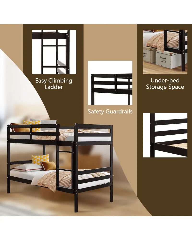 Twin Bunk Bed Children Wooden Bunk Beds Solid Hardwood-Brown - Brown - Bunk Bed Frame