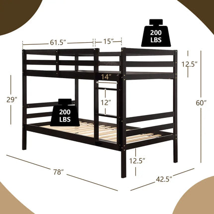 Twin Bunk Bed Children Wooden Bunk Beds Solid Hardwood-Brown - Brown - Bunk Bed Frame
