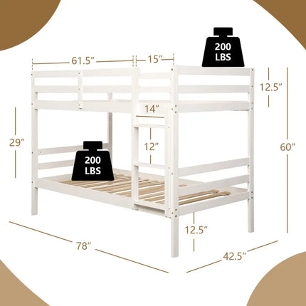 Twin Bunk Bed Children Wooden Bunk Beds Solid Hardwood-White - White - Bunk Bed Frame