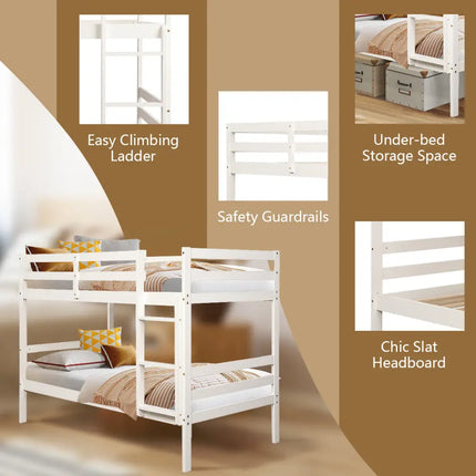 Twin Bunk Bed Children Wooden Bunk Beds Solid Hardwood-White - White - Bunk Bed Frame