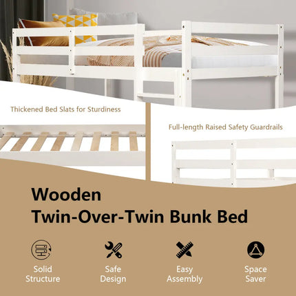 Twin Bunk Bed Children Wooden Bunk Beds Solid Hardwood-White - White - Bunk Bed Frame