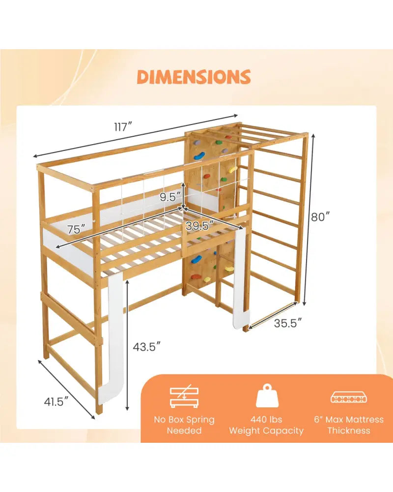 Twin Bunk Bed with Jungle Gym Wooden Loft Bed with Climbing Ladder-Natural - Natural - Bunk Bed Frame