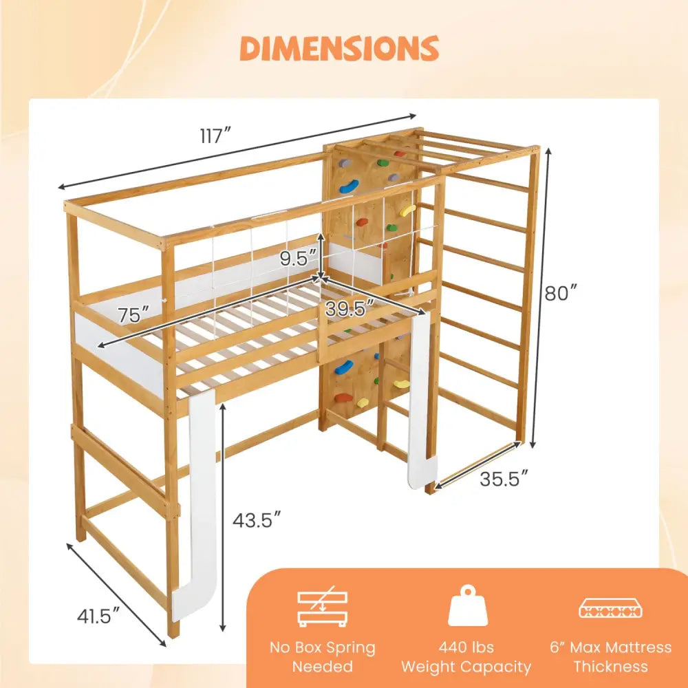 Twin Bunk Bed with Jungle Gym Wooden Loft Bed with Climbing Ladder-Natural - Natural - Bunk Bed Frame