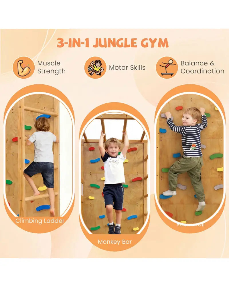 Twin Bunk Bed with Jungle Gym Wooden Loft Bed with Climbing Ladder-Natural - Natural - Bunk Bed Frame