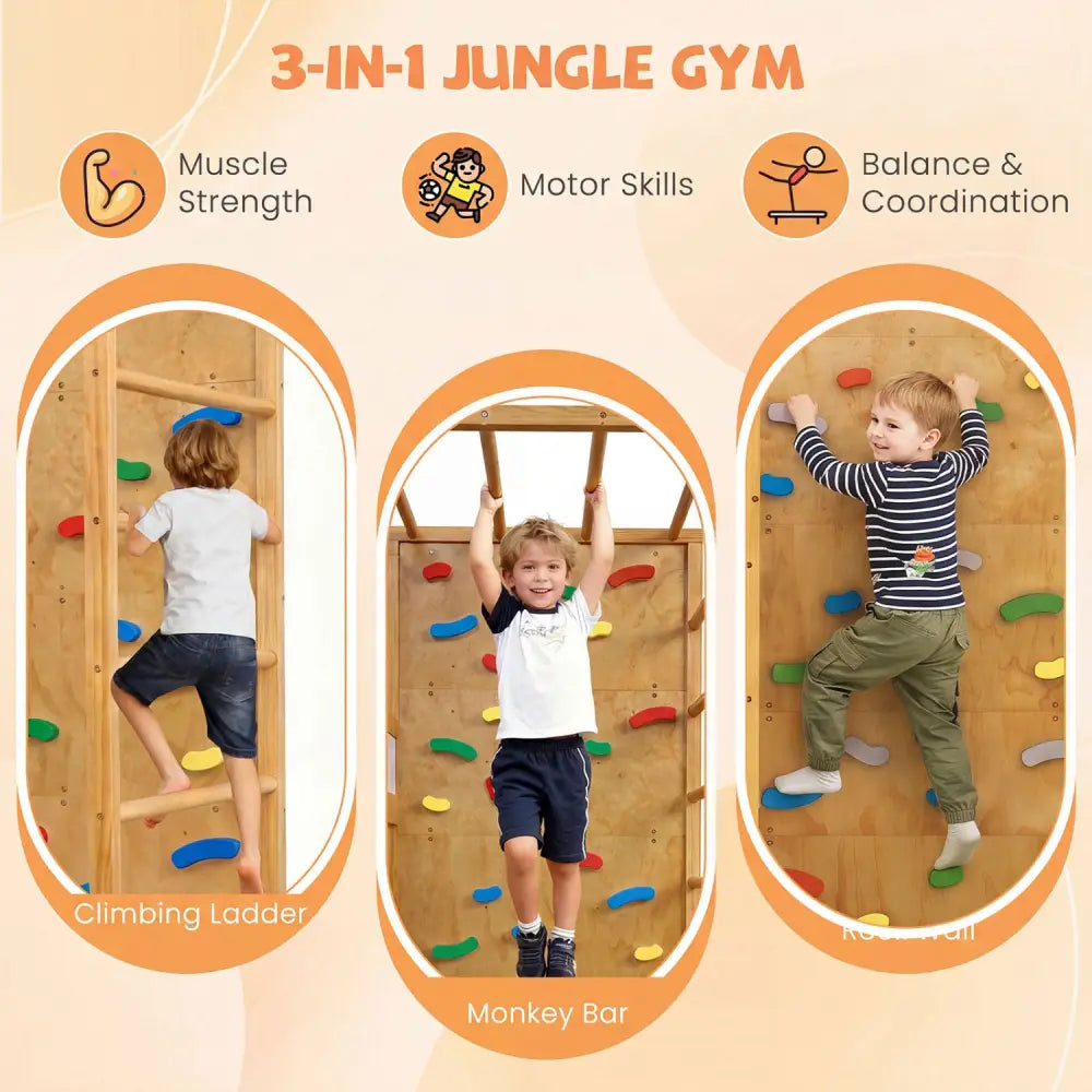 Twin Bunk Bed with Jungle Gym Wooden Loft Bed with Climbing Ladder-Natural - Natural - Bunk Bed Frame